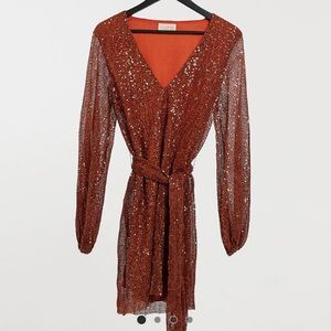 Revolve Retrofete Style Club L Sequin Plunge Dress in Rust NWT size 6